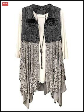 Womens Denim Vest Sleeveless Ripped Draped Patchwork Cardigan Jean Vest Lace Hem
